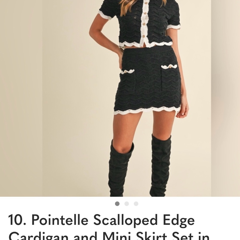 Pointelle Scalloped Edge Cardigan & Mini Skirt Set - Black